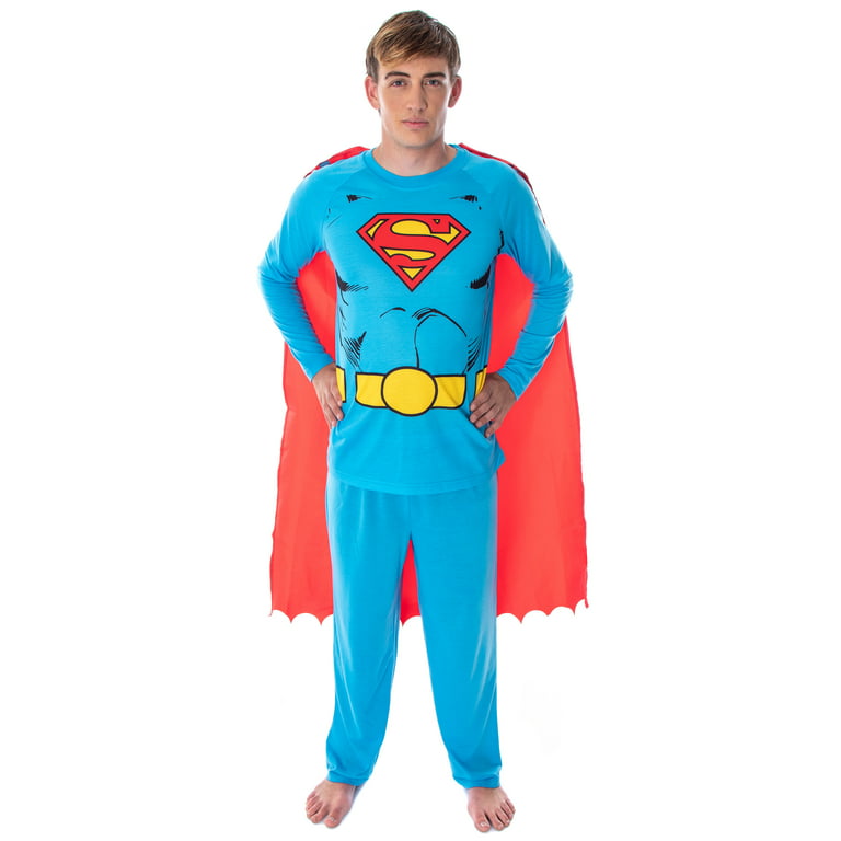 DC Comics Men\'s Superman Pajama Set And Raglan Costume Pants Shirt with Cape SM
