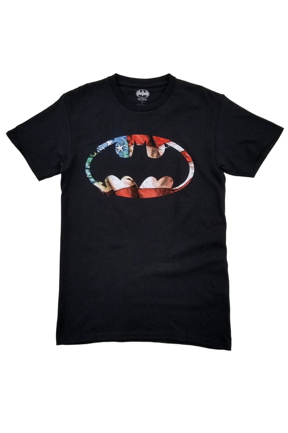 Mens Black Patriotic Bat Symbol Batman USA Flag T-Shirt Small