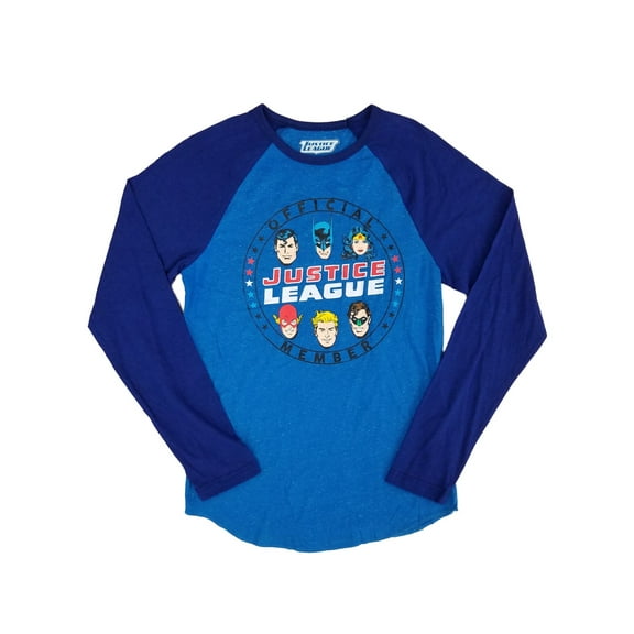 DC Comics Mens Blue Justice League Official Member Raglan Long Sleeve Shirt