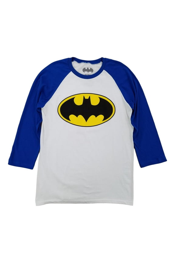 Mens White Batman Bat Symbol Baseball Shirt Long Sleeve T-Shirt Medium