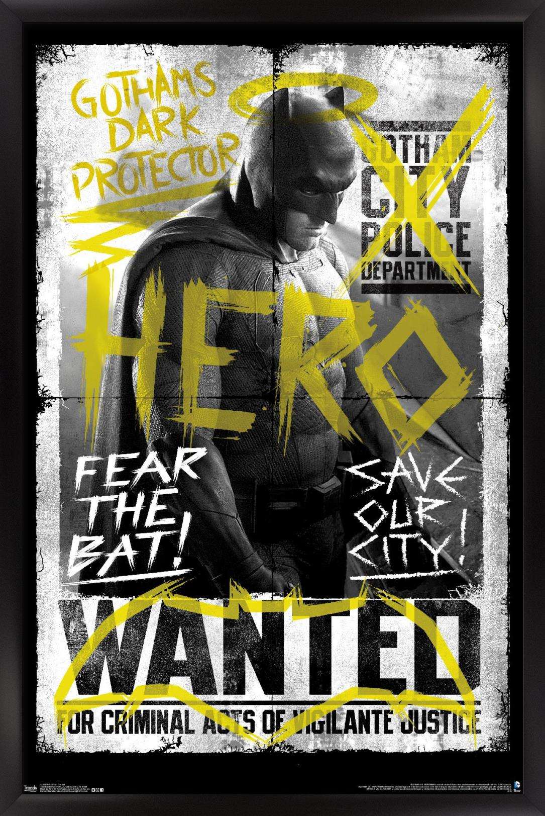 DC Comics Movie - Batman v Superman - Fear the Bat Wall Poster, 14.725" x 22.375", Framed