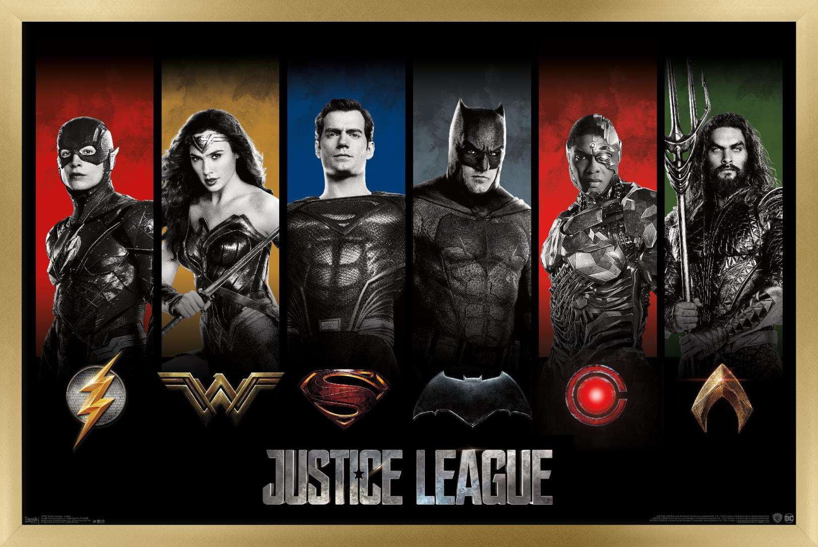 DC Comics Movie - Justice League - Heroes and Logos Wall Poster, 14.725" x 22.375", Framed
