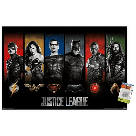 DC Comics Movie - Justice League - Heroes and Logos Wall Poster with Push Pins, 22.375" x 34"