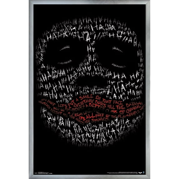 DC Comics Movie - The Dark Knight - The Joker Face In Text Wall Poster, 22.375" x 34", Framed