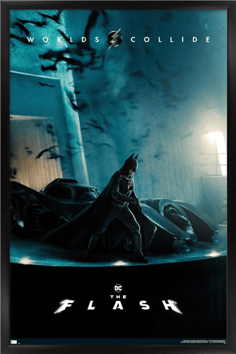DC Comics Movie The Flash - Batman and Batmobile One Sheet Wall Poster, 22.375" x 34" Framed