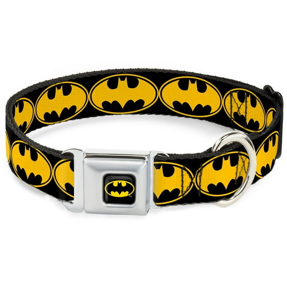DC Comics Pet Collar, Dog Collar Metal Seatbelt Buckle, Bat Signal Black Yellow Black, 11 to 16.5 Inches 1.0 Inch Wide