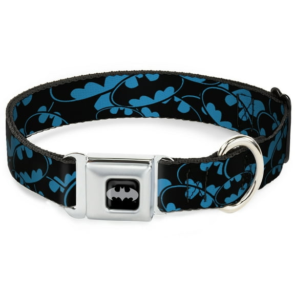DC Comics Pet Collar, Dog Collar Metal Seatbelt Buckle, Bat Signals Stacked Blue Black, 13 to 17 Inches 1.5 Inch Wide