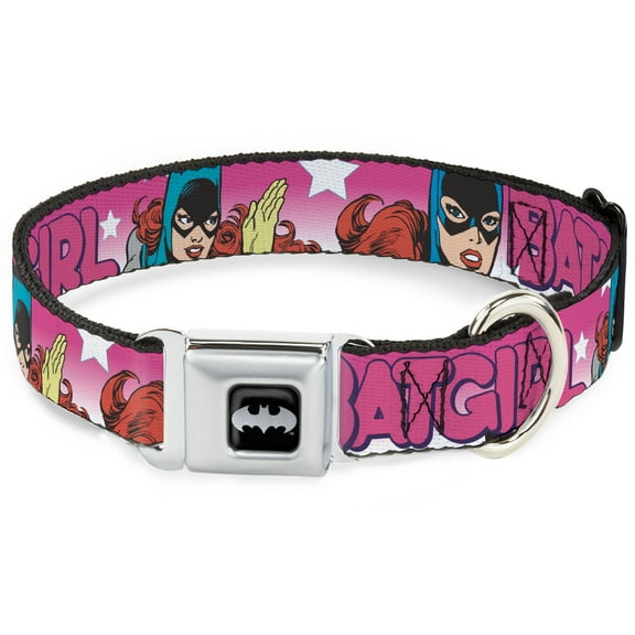 DC Comics Pet Collar, Dog Collar Metal Seatbelt Buckle, Batgirl Bubble Letters Stars Pink White, 15 to 24 Inches 1.0 Inch Wide
