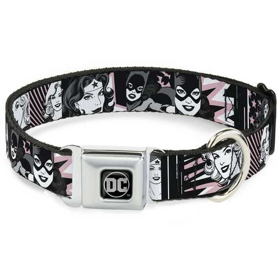 DC Comics Pet Collar, Dog Collar Metal Seatbelt Buckle, Batgirl Wonder Woman Supergirl Retro Panels Black Pink White, 9.5 to 13 Inches 1.0 Inch Wide