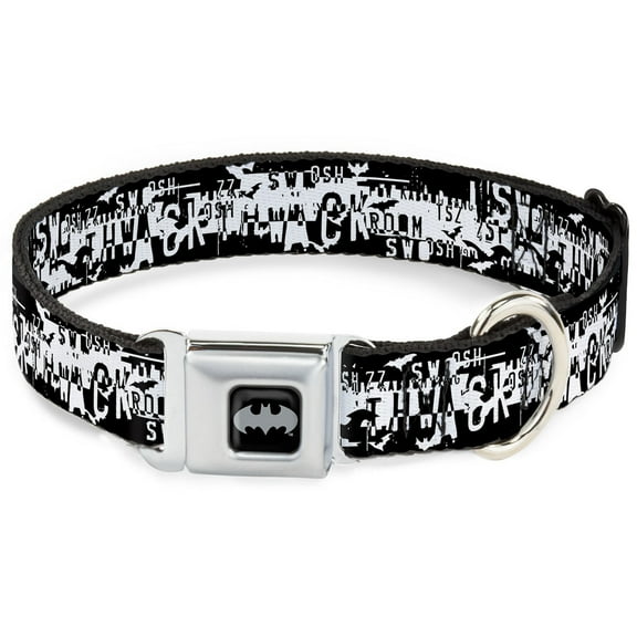 DC Comics Pet Collar, Dog Collar Metal Seatbelt Buckle, Batman Action Verbiage Black White, 13 to 17 Inches 1.5 Inch Wide