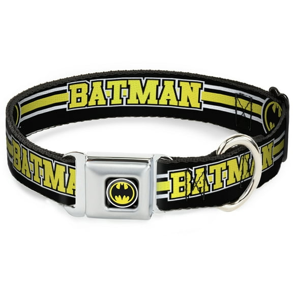 DC Comics Pet Collar, Dog Collar Metal Seatbelt Buckle, Batman Bat Signal Triple Stripe Black White Yellow, 13 to 17 Inches 1.5 Inch Wide