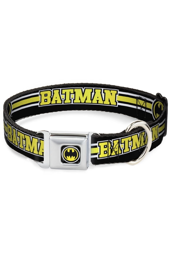 DC Comics Pet Collar, Dog Collar Metal Seatbelt Buckle, Batman Bat Signal Triple Stripe Black White Yellow, 9.5 to 13 Inches 1.0 Inch Wide