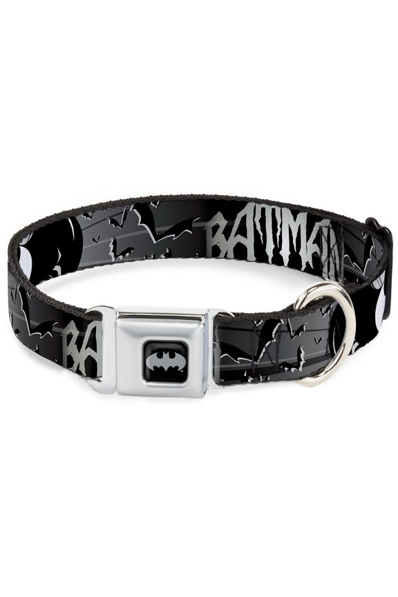 DC Comics Pet Collar, Dog Collar Metal Seatbelt Buckle, Batman Bat Signals Flying Bats Black White, 16 to 23 Inches 1.5 Inch Wide