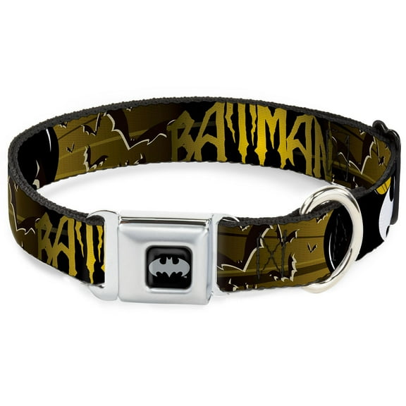 DC Comics Pet Collar, Dog Collar Metal Seatbelt Buckle, Batman Bat Signals Flying Bats Yellow Black White, 11 to 16.5 Inches 1.0 Inch Wide