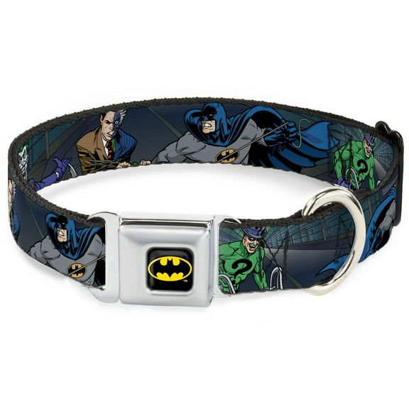 DC Comics Pet Collar, Dog Collar Metal Seatbelt Buckle, Batman Battling Villains In Tunnel, 15 to 24 Inches 1.0 Inch Wide