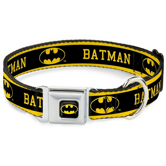 DC Comics Pet Collar, Dog Collar Metal Seatbelt Buckle, Batman Logo Stripe Yellow Black, 15 to 24 Inches 1.0 Inch Wide