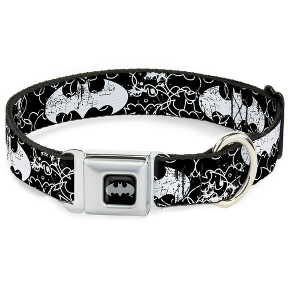 DC Comics Pet Collar, Dog Collar Metal Seatbelt Buckle, Batman Outlines Black White, 9.5 to 13 Inches 1.0 Inch Wide