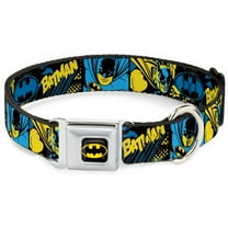 DC Comics Pet Collar, Dog Collar Metal Seatbelt Buckle, Batman Poses and Logo Collage Black Blue Yellow, 9.5 to 13 Inches 1.0 Inch Wide