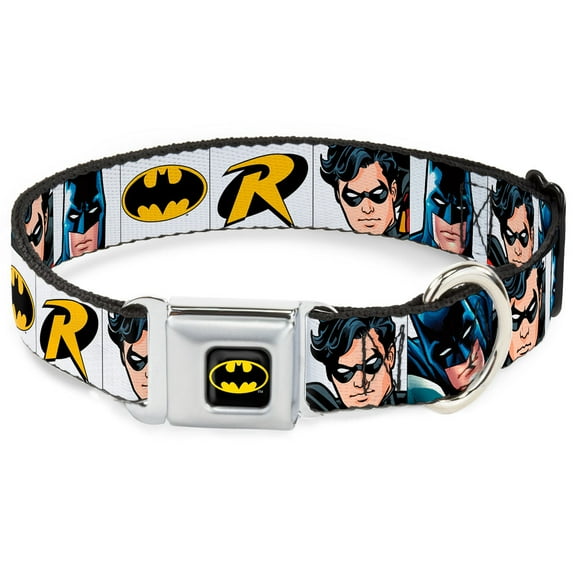 DC Comics Pet Collar, Dog Collar Metal Seatbelt Buckle, Batman Robin Blocks White, 13 to 17 Inches 1.5 Inch Wide
