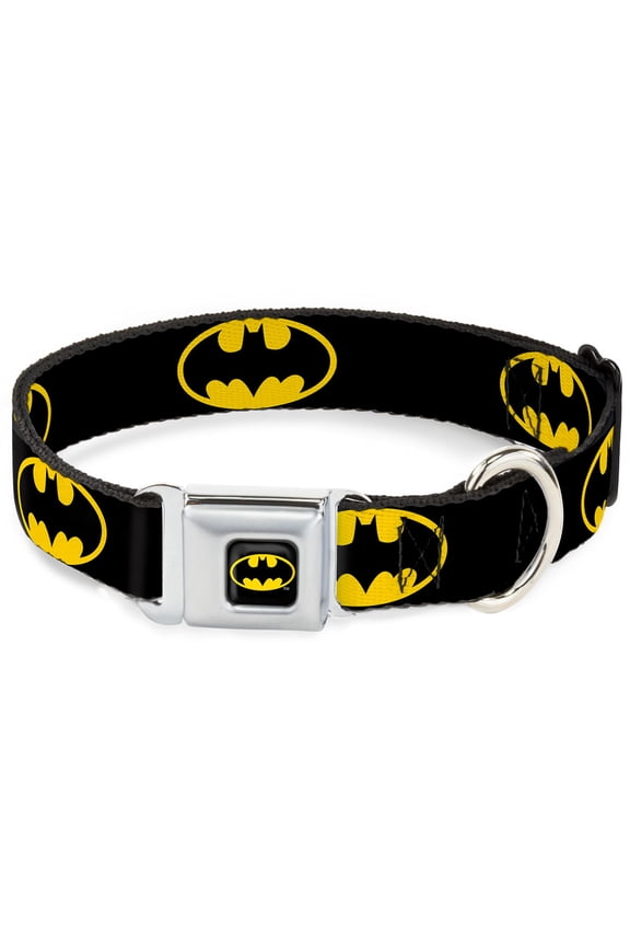 DC Comics Pet Collar, Dog Collar Metal Seatbelt Buckle, Batman Shield Black Yellow, 11 to 16.5 Inches 1.0 Inch Wide
