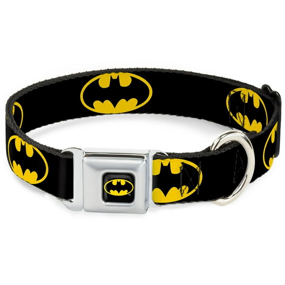 DC Comics Pet Collar, Dog Collar Metal Seatbelt Buckle, Batman Shield Black Yellow, 15 to 24 Inches 1.0 Inch Wide