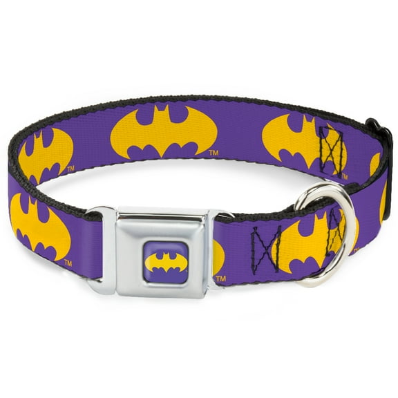 DC Comics Pet Collar, Dog Collar Metal Seatbelt Buckle, Batman Signal Purple Yellow, 16 to 23 Inches 1.5 Inch Wide