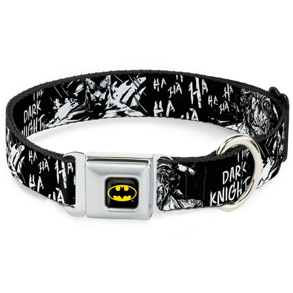 DC Comics Pet Collar, Dog Collar Metal Seatbelt Buckle, Batman The Dark Knight and Joker Smiling Close Up Black, 15 to 24 Inches 1.0 Inch Wide