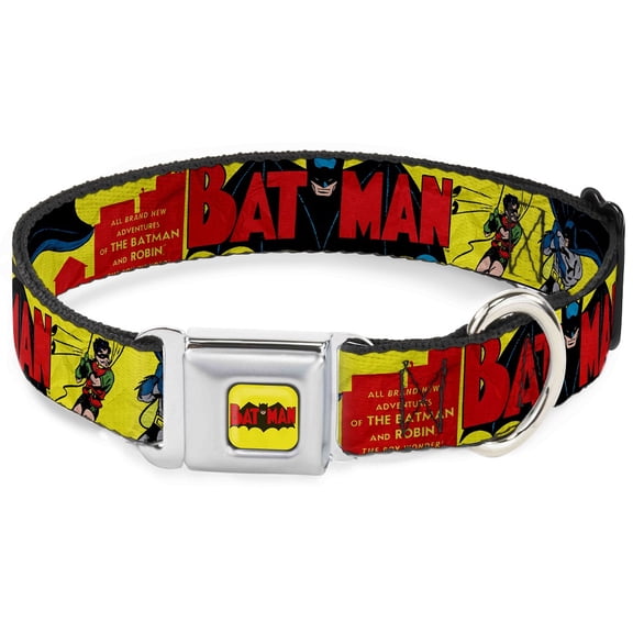 DC Comics Pet Collar, Dog Collar Metal Seatbelt Buckle, Classic Batman Issue 1 Robin Batman Cover Pose Yellow Red, 9.5 to 13 Inches 1.0 Inch Wide