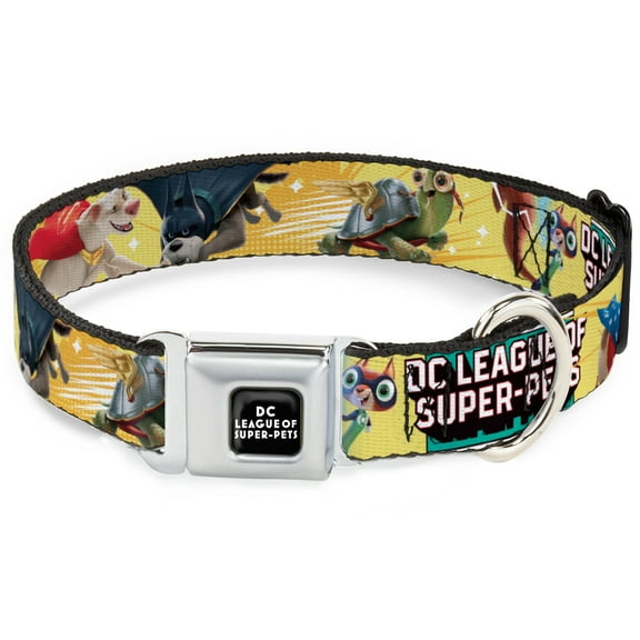 DC Comics Pet Collar, Dog Collar Metal Seatbelt Buckle, DC League of Super Pets Superhero Pet Poses Collage Yellow, 9.5 to 13 Inches 1.0 Inch Wide