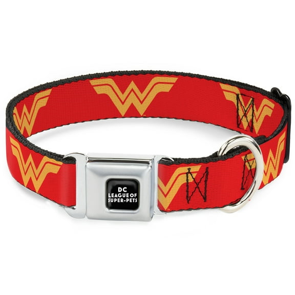 DC Comics Pet Collar, Dog Collar Metal Seatbelt Buckle, DC League of Super Pets Wonder Woman Logo Red Yellow, 9.5 to 13 Inches 1.0 Inch Wide