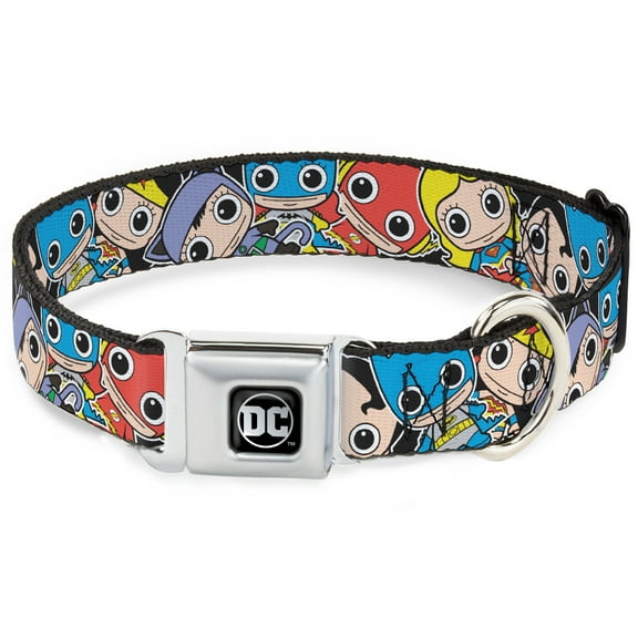 DC Comics Pet Collar, Dog Collar Metal Seatbelt Buckle, DC Mini Group Stacked Black, 15 to 24 Inches 1.0 Inch Wide