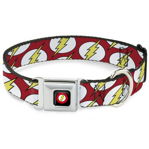 DC Comics Pet Collar, Dog Collar Metal Seatbelt Buckle, Flash Logo Scattered Red White Yellow, 16 to 23 Inches 1.5 Inch Wide
