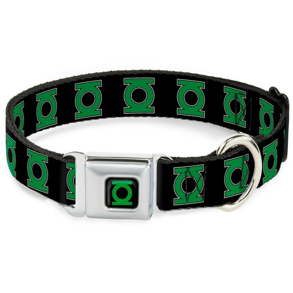 DC Comics Pet Collar, Dog Collar Metal Seatbelt Buckle, Green Lantern Logo Black Green, 15 to 24 Inches 1.0 Inch Wide