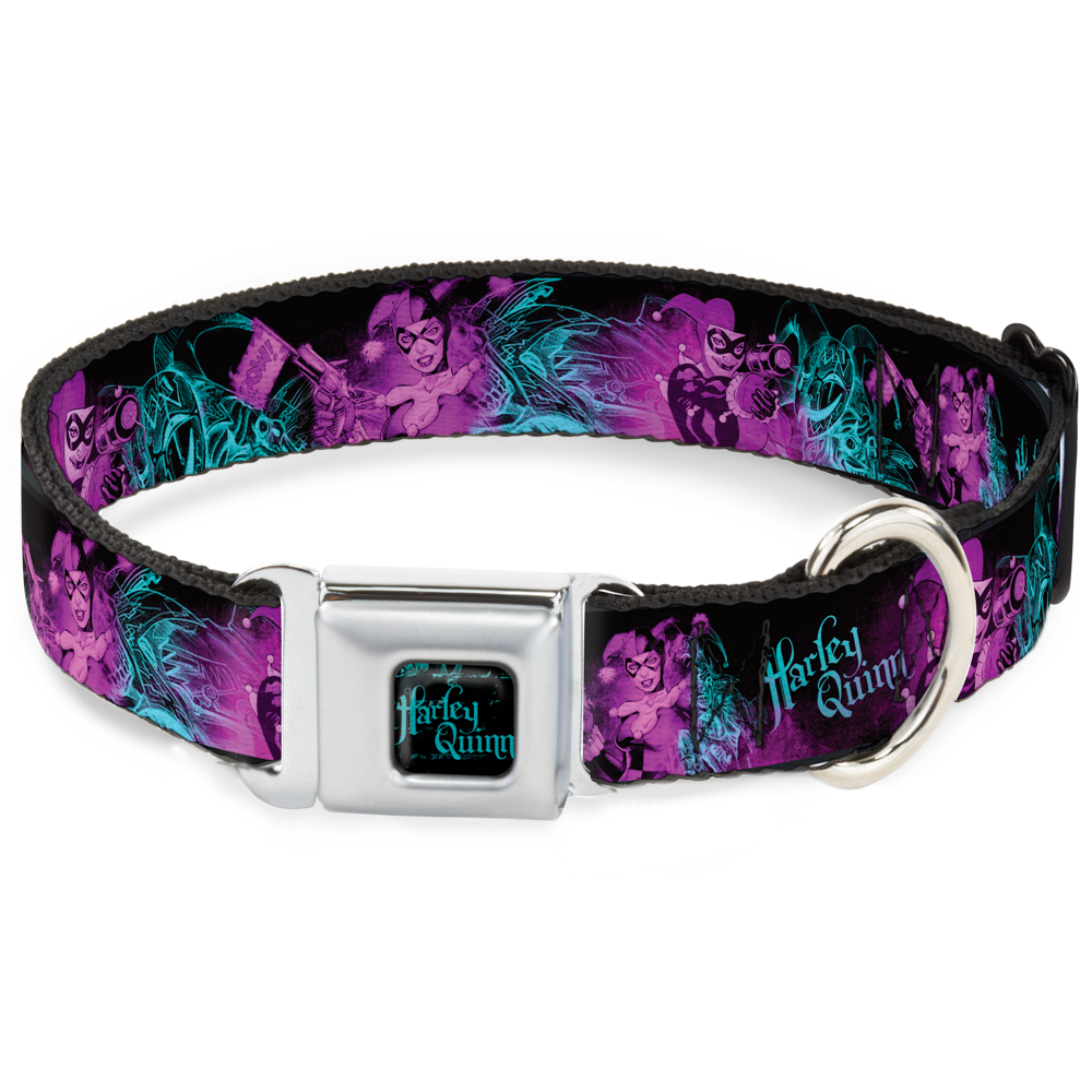 DC Comics Pet Collar, Dog Collar Metal Seatbelt Buckle, Harley Quinn Pow Aiming Poses Joker Black Turquoise Fuchsia, 15 to 24 Inches 1.0 Inch Wide - image 1 of 9