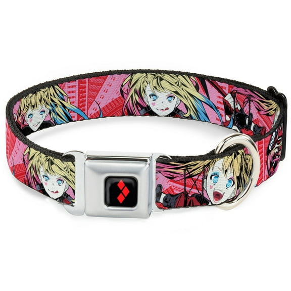 DC Comics Pet Collar, Dog Collar Metal Seatbelt Buckle, Harley Quinn Puddin Poses Anime Graphics Pink Red, 9.5 to 13 Inches 1.0 Inch Wide