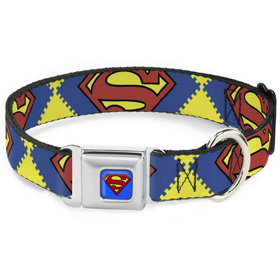 DC Comics Pet Collar, Dog Collar Metal Seatbelt Buckle, Jagged Superman Shield Close Up Yellow Blue Red, 15 to 24 Inches 1.0 Inch Wide