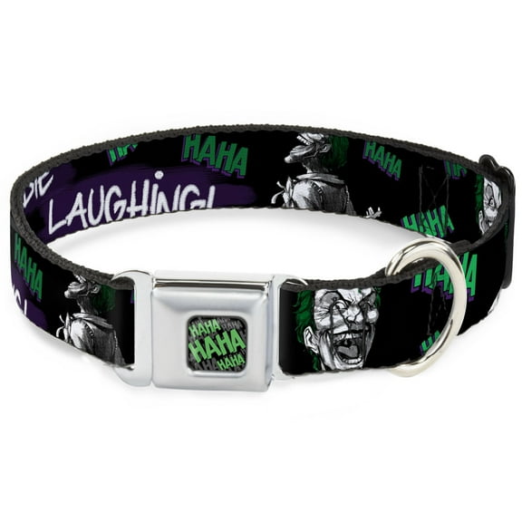 DC Comics Pet Collar, Dog Collar Metal Seatbelt Buckle, Joker Die Laughing Haha Black Purple Green, 13 to 17 Inches 1.5 Inch Wide