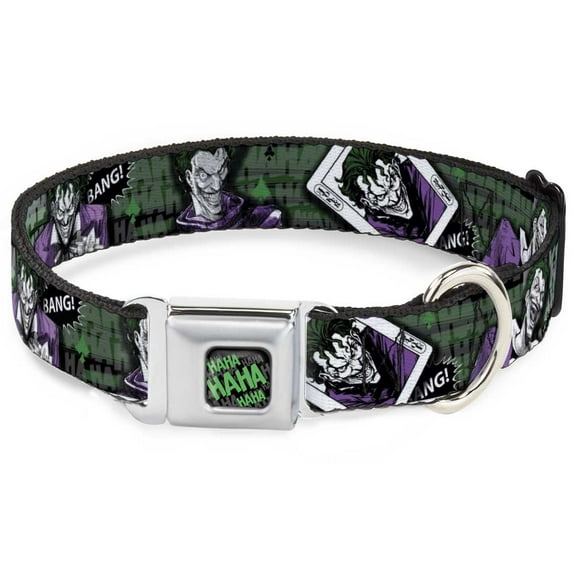 DC Comics Pet Collar, Dog Collar Metal Seatbelt Buckle, Joker Poses Joker Card Haha Smile Bang Gray Green Purple, 11 to 16.5 Inches 1.0 Inch Wide