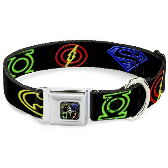 DC Comics Pet Collar, Dog Collar Metal Seatbelt Buckle, Justice League Electric Logos Black Multi Neon, 9.5 to 13 Inches 1.0 Inch Wide