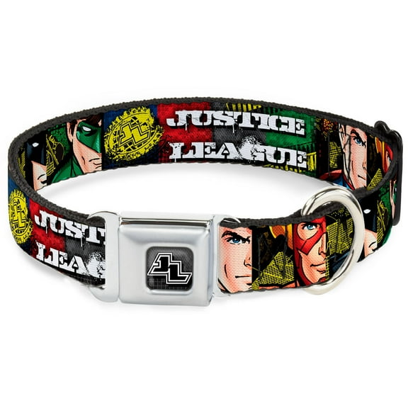 DC Comics Pet Collar, Dog Collar Metal Seatbelt Buckle, Justice League Logo Superhero Panels Pop Art, 15 to 24 Inches 1.0 Inch Wide