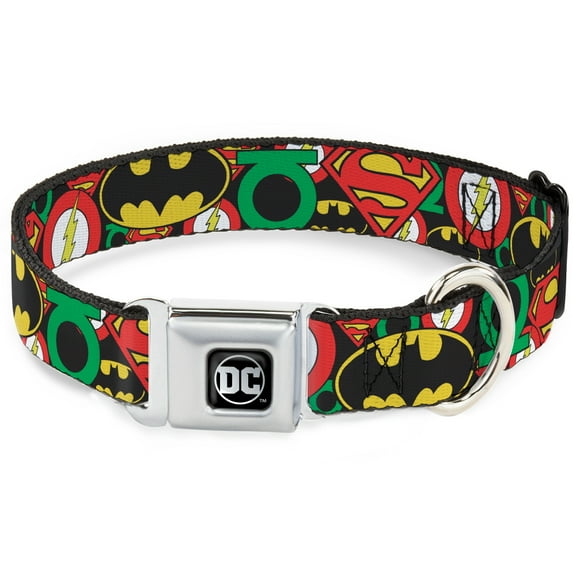 DC Comics Pet Collar, Dog Collar Metal Seatbelt Buckle, Justice League Stacked Logos, 9.5 to 13 Inches 1.0 Inch Wide