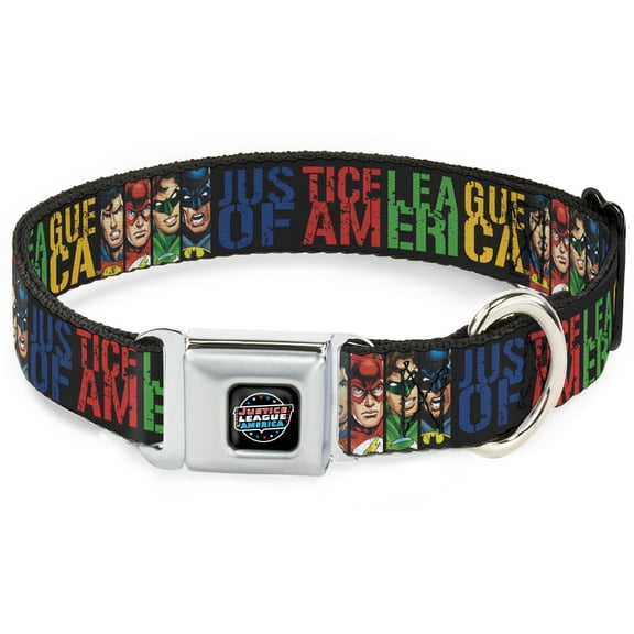 DC Comics Pet Collar, Dog Collar Metal Seatbelt Buckle, Justice League of America Superhero Blocks Black Multi Color, 20 to 31 Inches 1.5 Inch Wide