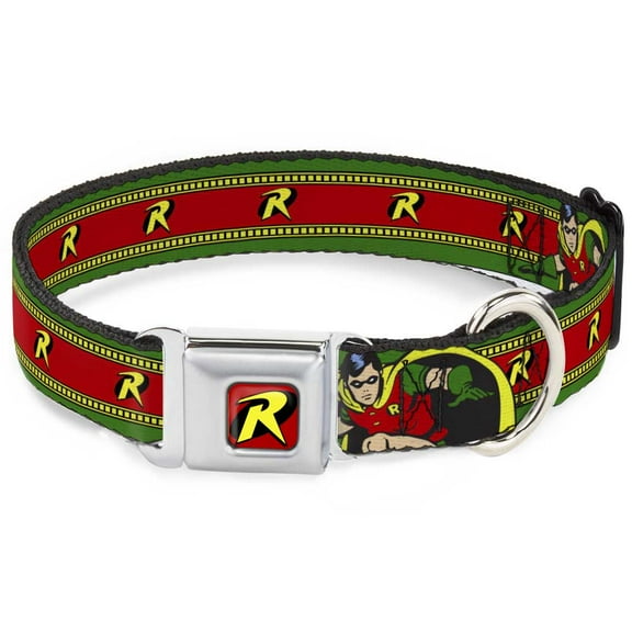 DC Comics Pet Collar, Dog Collar Metal Seatbelt Buckle, Robin Action Pose Logo Stripe Green Yellow Red Black, 9.5 to 13 Inches 1.0 Inch Wide