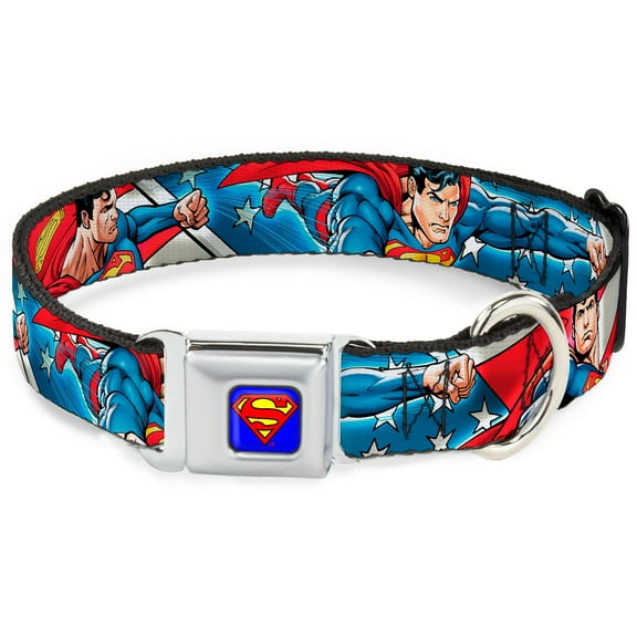 DC Comics Pet Collar, Dog Collar Metal Seatbelt Buckle, Superman Action Poses Stars Stripes, 9.5 to 13 Inches 1.0 Inch Wide