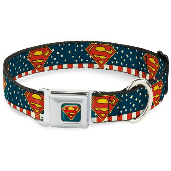 DC Comics Pet Collar, Dog Collar Metal Seatbelt Buckle, Superman Shield Americana Red White Blue Yellow, 9.5 to 13 Inches 1.0 Inch Wide