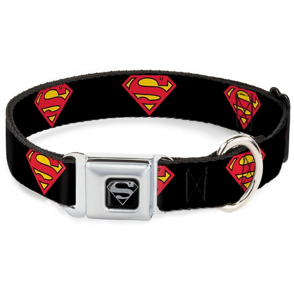 DC Comics Pet Collar, Dog Collar Metal Seatbelt Buckle, Superman Shield Black, 15 to 24 Inches 1.0 Inch Wide