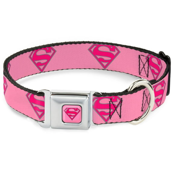 DC Comics Pet Collar, Dog Collar Metal Seatbelt Buckle, Superman Shield Pink, 16 to 23 Inches 1.5 Inch Wide