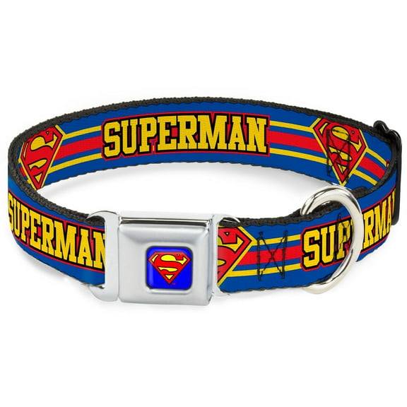 DC Comics Pet Collar, Dog Collar Metal Seatbelt Buckle, Superman Shield Stripe Blue Yellow Red, 9.5 to 13 Inches 1.0 Inch Wide