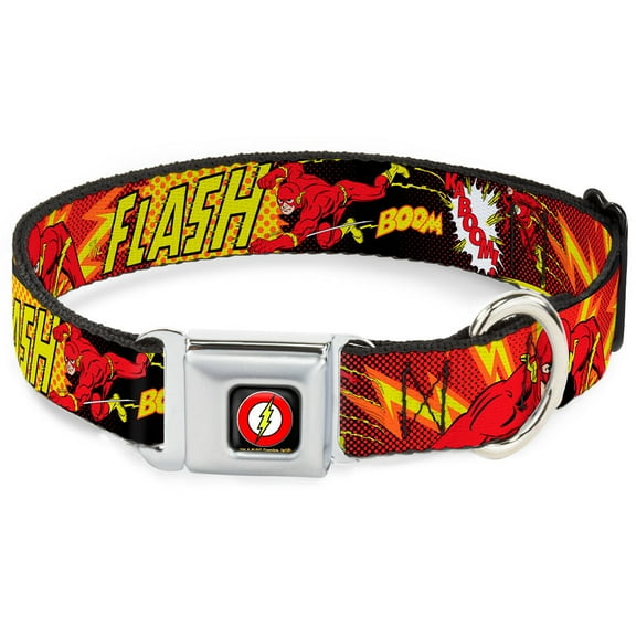 DC Comics Pet Collar, Dog Collar Metal Seatbelt Buckle, The Flash Boom Kaboom, 16 to 23 Inches 1.5 Inch Wide