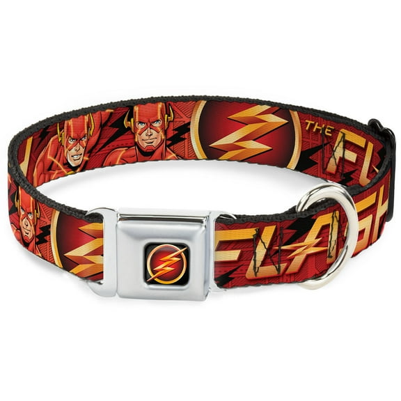 DC Comics Pet Collar, Dog Collar Metal Seatbelt Buckle, The Flash Logo Poses Black Red Gold, 9.5 to 13 Inches 1.0 Inch Wide